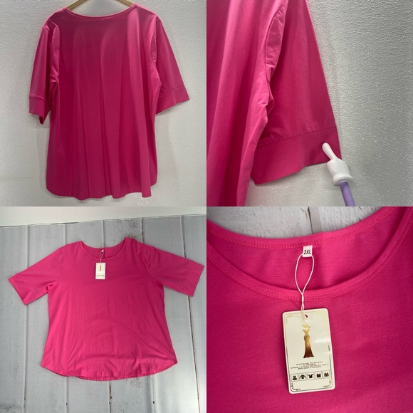 Summer Tops for Women Fashion Loose Fitting Mid Sleeve Crewneck Cotton T Shirts - Picture 9 of 11